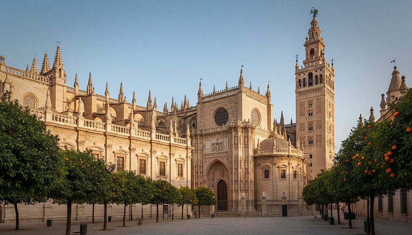Gotisch interieur van de Kathedraal van Sevilla met hoge gewelven en massieve stenen zuilen