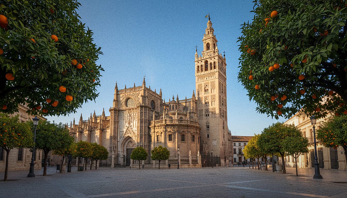 De Kathedraal van Sevilla met de Giralda-belltoren gezien van buitenaf op een heldere dag